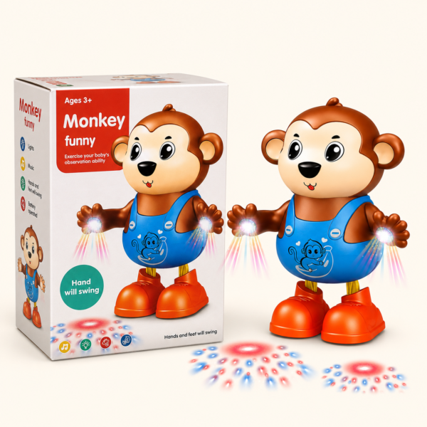 Dancing monkey box showing the toy on its light-up base