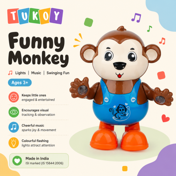 Tukoy Funny Monkey box front listing lights, music and movement