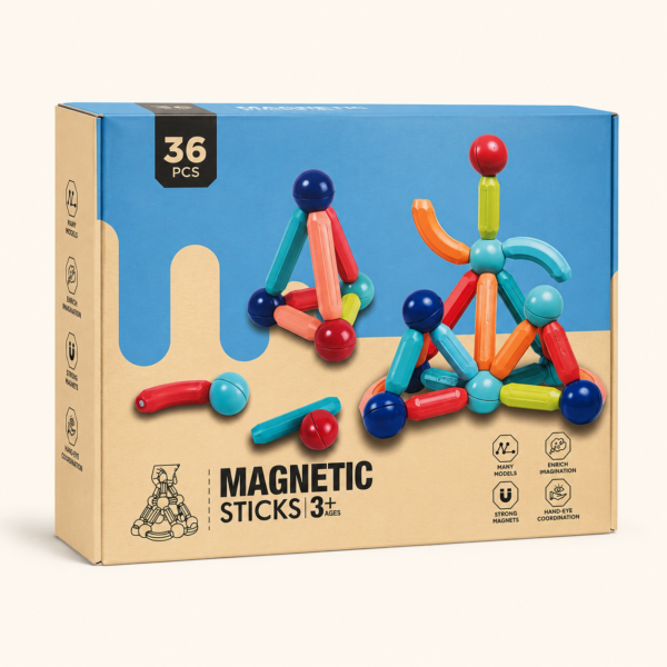 A003_1 36-piece magnetic sticks box showing a built model
