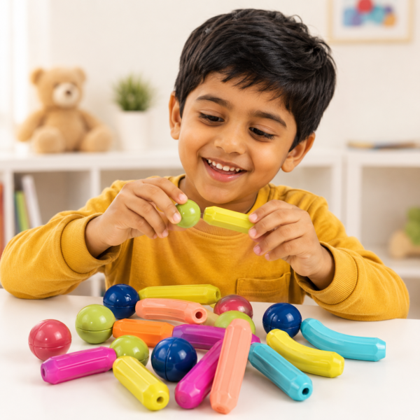 A003_4 Boy connecting magnetic sticks on a table at home