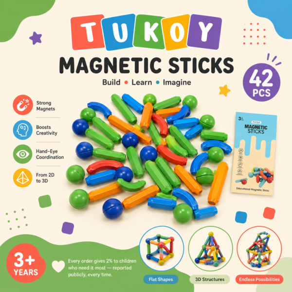 Tukoy Magnetic Sticks 42-piece box showing the rods and balls