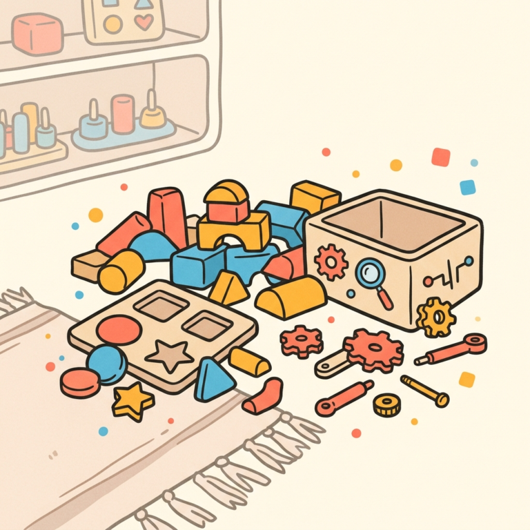 Illustration of wooden blocks, shapes and gears spread out for building play