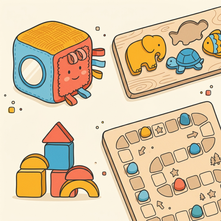 Educational toys for different age groups laid out together.