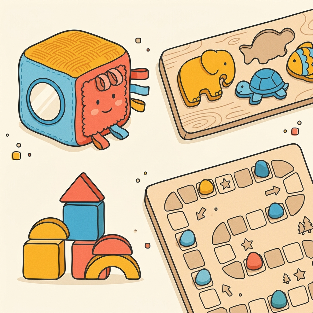 Educational toys for different age groups laid out together.