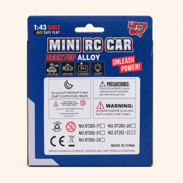 RC002_4 Back of the 1:43 Mini RC Car pack with warnings and model codes