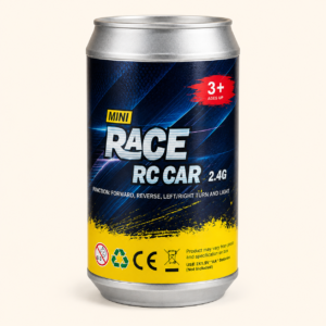 Mini Race RC car packaged in its aluminium can, ages 3 plus