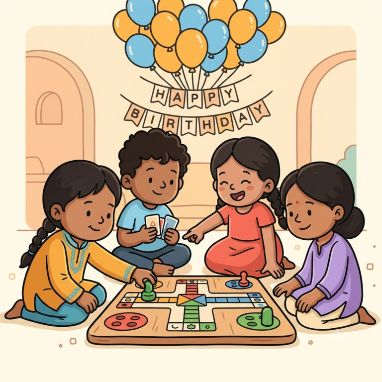 Illustration of four children playing a board game under a happy birthday banner