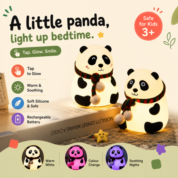 Panda night light feature panel showing tap control and colour changes