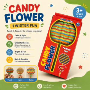 Candy Flower Twister box showing the toy twisting and spinning