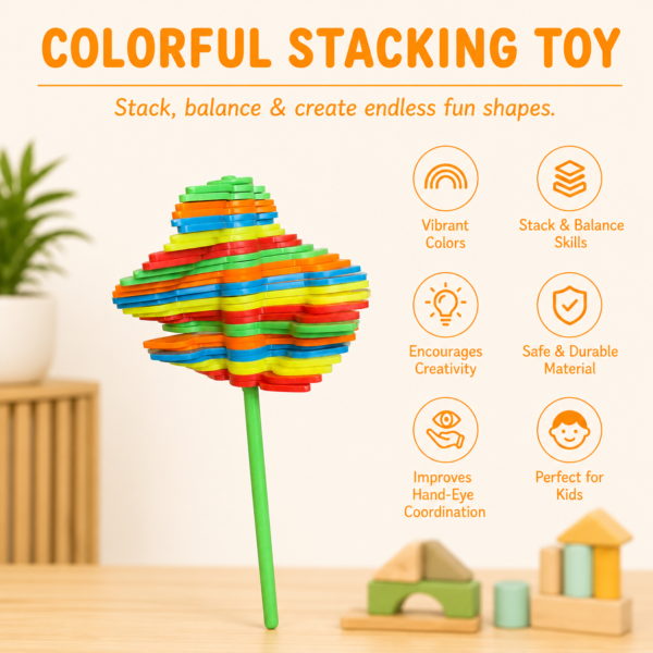 A007 3 The stacking fidget flower on a table, showing its stacked coloured discs