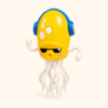 Yellow Demonic Squid crawling toy with blue headphones and sunglasses