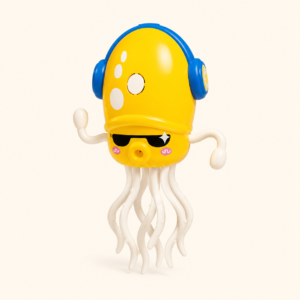 Yellow Demonic Squid crawling toy with blue headphones and sunglasses
