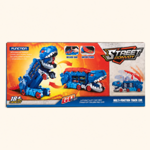 Dinosaur transport truck box showing the truck and die-cast cars
