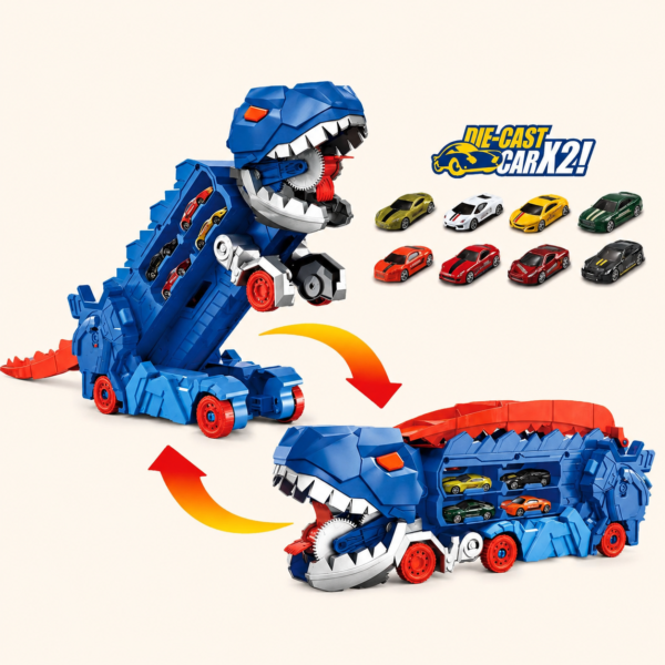 A009 8 The dinosaur truck open, launching its die-cast cars