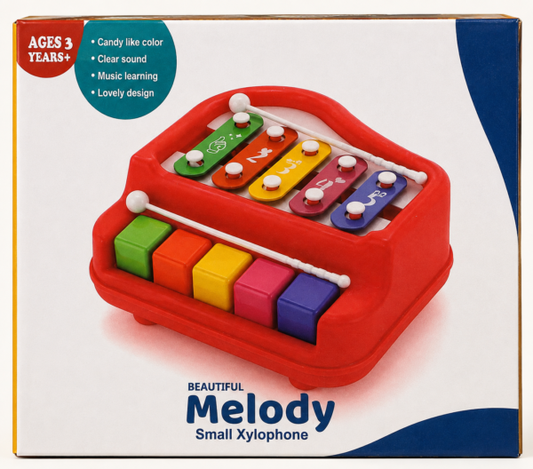 Red xylophone toy with coloured metal keys and two beaters