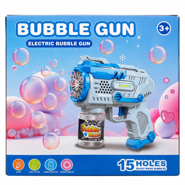 A011 Blue 15-hole electric bubble blaster with bubbles, on its box