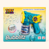 Bubblitz 12-hole electric bubble gun in blue with bubble solution bottle