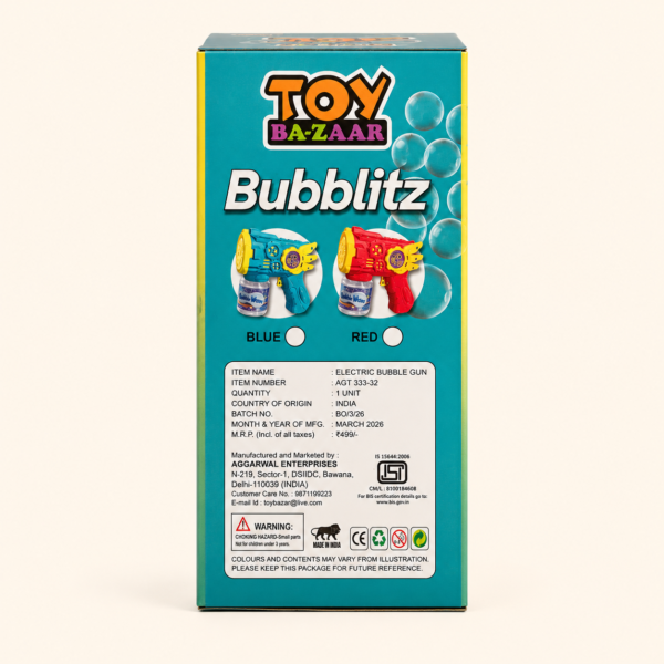 Back of the Bubblitz bubble gun box with safety information