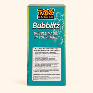 Side of the Bubblitz box with battery instructions