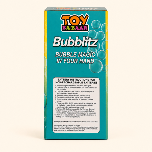 Side of the Bubblitz box with battery instructions