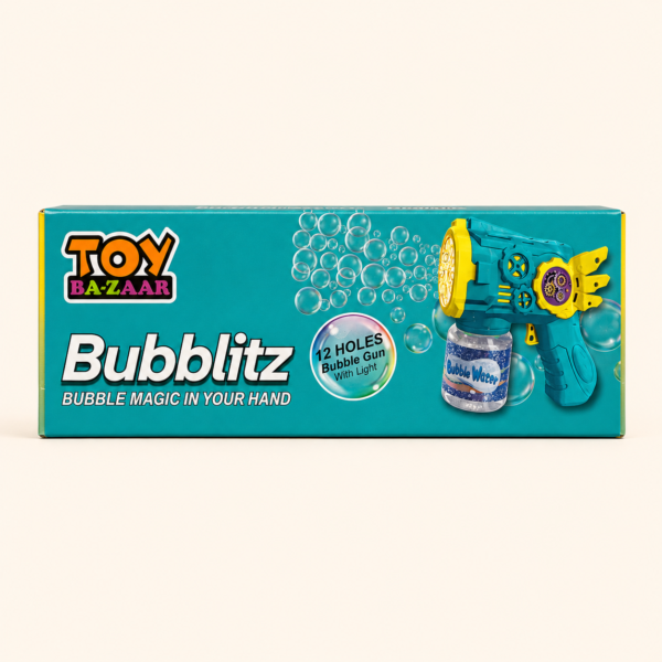 Top panel of the Bubblitz bubble gun box