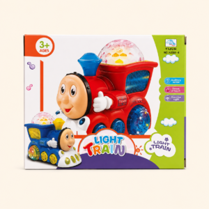 Light Train musical toy train in red, on its box