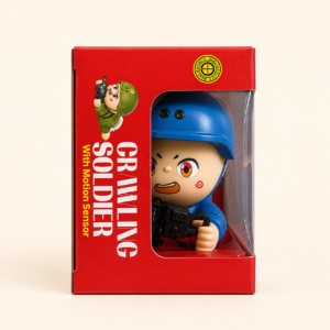 Kivano Crawling Soldier toy in blue, in its window box