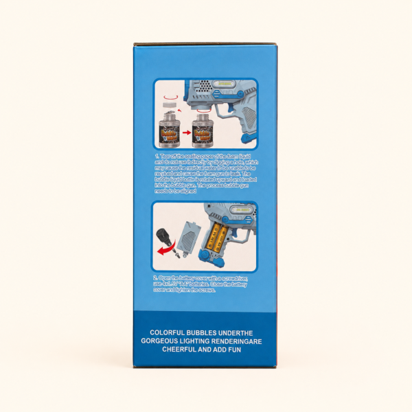A014 Side of the bubble blaster box with battery and solution instructions