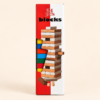 A015 1 Colourful wooden block tower part-built, next to the packaging