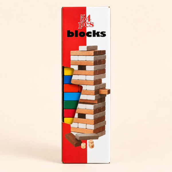 A015 1 Colourful wooden block tower part-built, next to the packaging