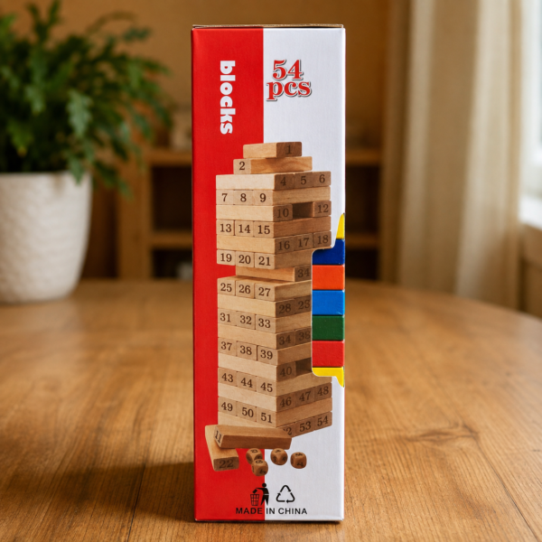 A015 2 The 54-piece colourful tumbling tower standing on a wooden floor at home