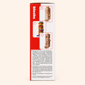 Back of the colourful tumbling tower box with play instructions