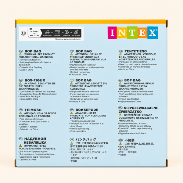 Multi-language instruction panel on the Intex bop bag box