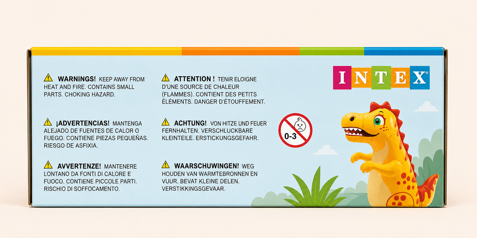 Warning panel on the Intex dinosaur bop bag box