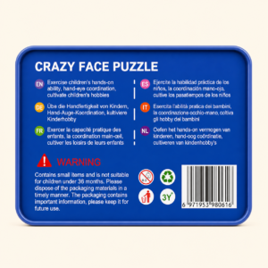 Back of the Crazy Face Puzzle tin with play instructions and warnings