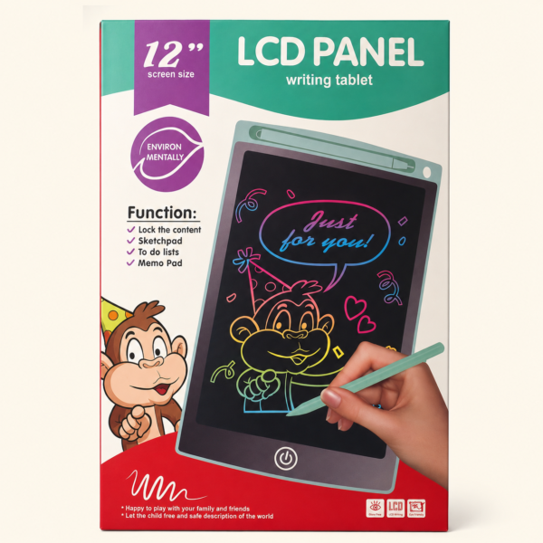 A019 1 12 inch LCD writing tablet for kids shown with colourful drawing on screen