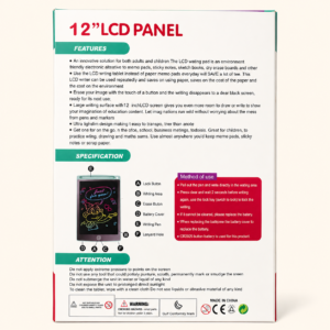 Back of the LCD writing tablet box listing features and specifications