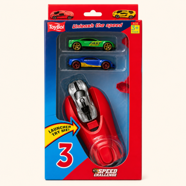 A020 1 ToyBoi Speed Challenge launcher with three die-cast cars in its blister pack