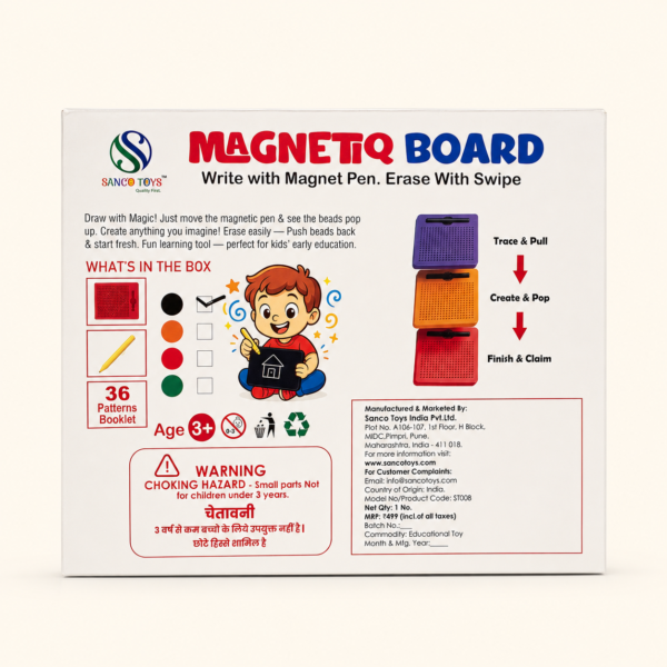 Back of the Magnetiq Board pack showing the pattern booklet and age guidance