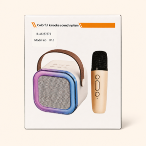 Wireless karaoke speaker and gold microphone shown with the gift box