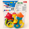 A026 2 Back of the 6-piece rattle and teether pack showing all six toys