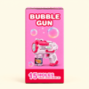 Front of the pink Bubble Gun box, 15 holes