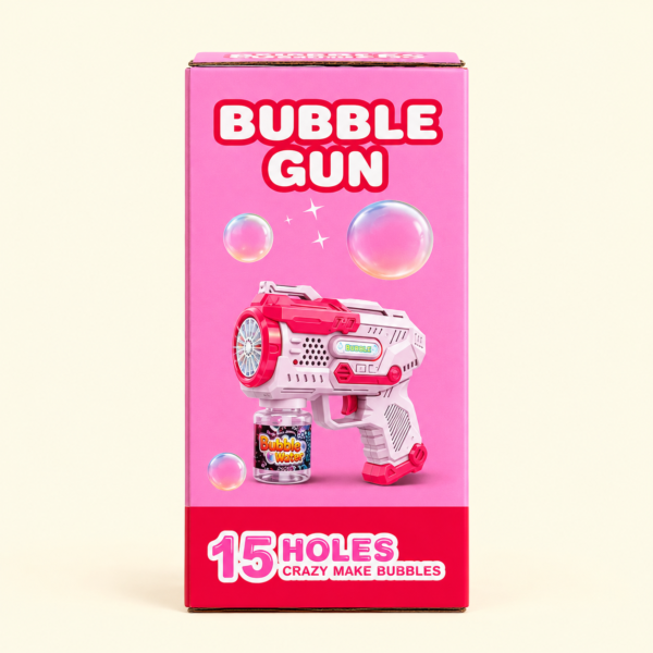 Front of the pink Bubble Gun box, 15 holes