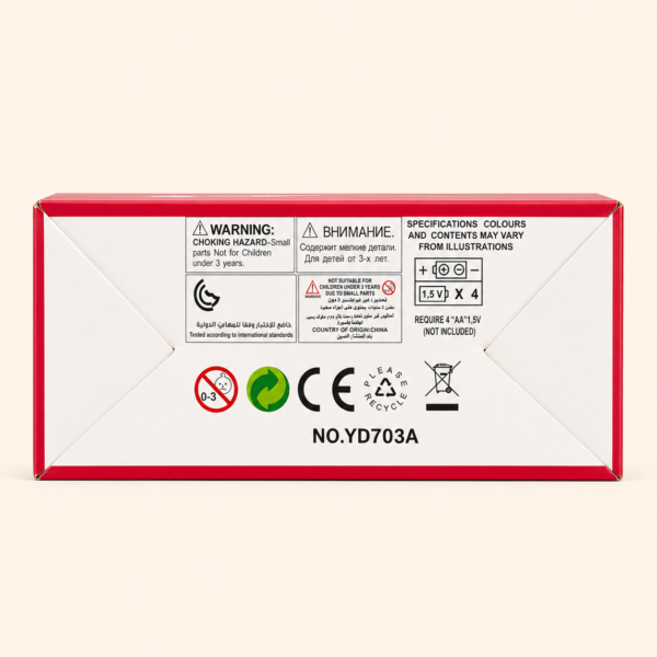 Warning and specification panel on the bubble gun box