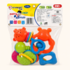Back of the 5-piece baby rattle and teether pack showing each toy