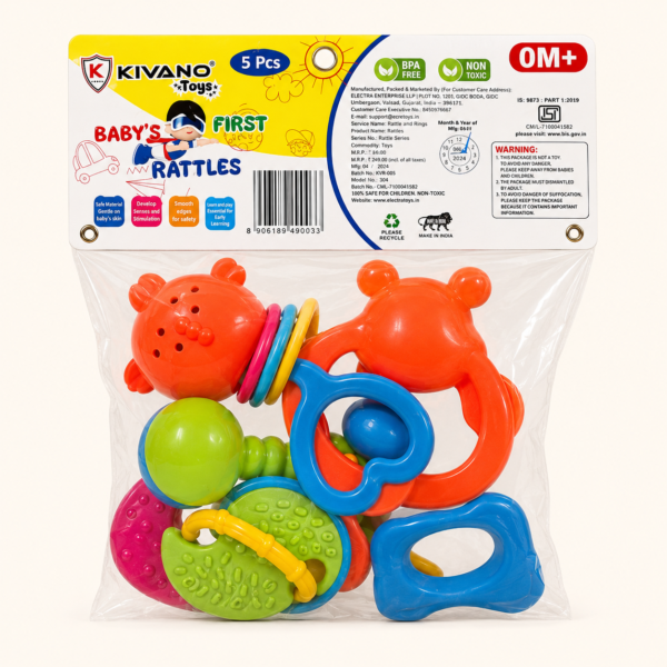 Back of the 5-piece baby rattle and teether pack showing each toy