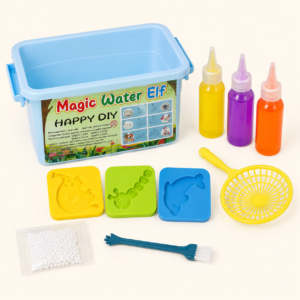 Contents of the Magic Water Elf kit: colour bottles, moulds, spoon and scoop