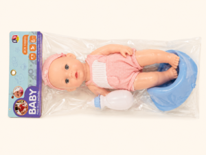 The baby doll lying in its potty trainer inside the pack