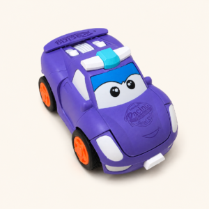 Purple transforming race car toy with a smiling face, closed