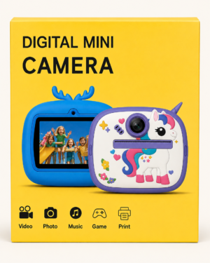 Digital Mini Camera pack showing video, photo, music, game and print modes